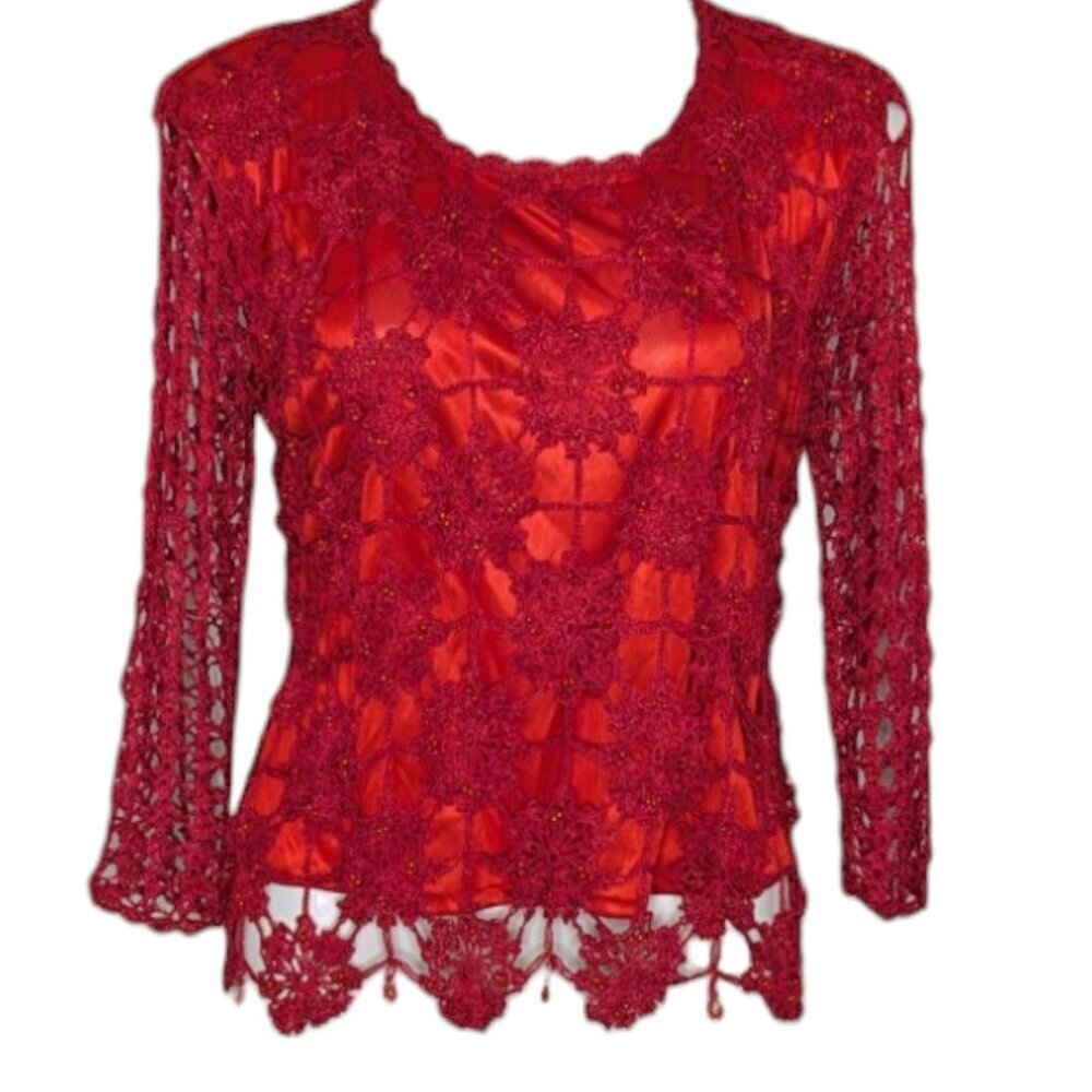 Y2k Red Crochet Layered Crop Sheer Sleeve Satin and Knit Top